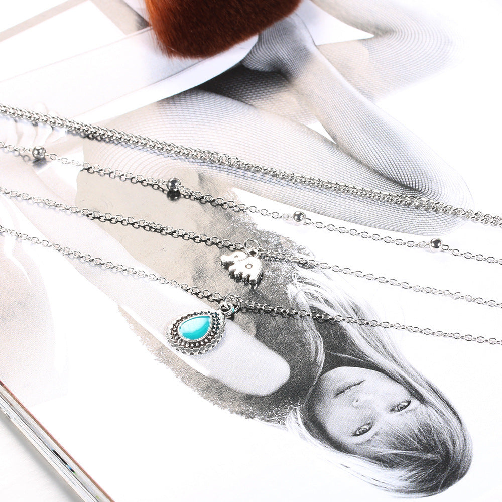 European And American Turquoise Elephant Beaded Multi-layer Necklace