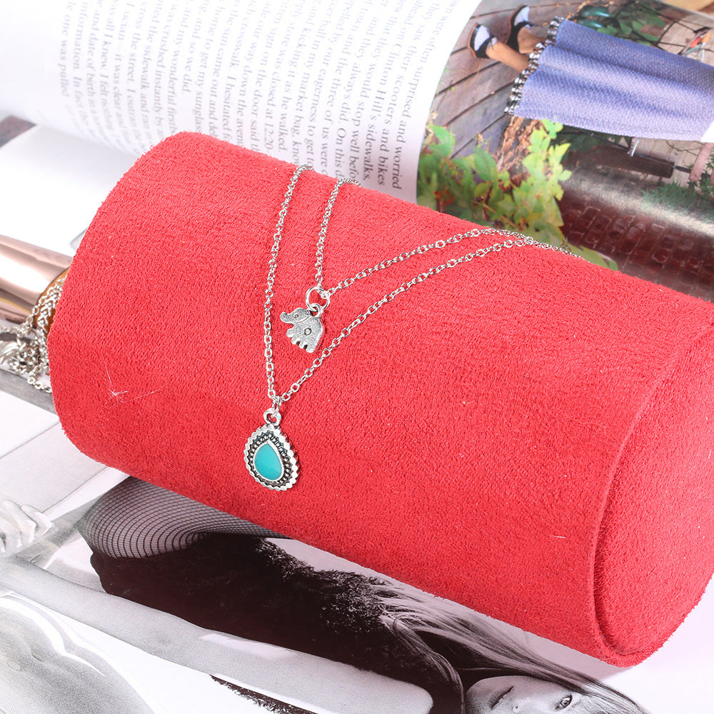 European And American Turquoise Elephant Beaded Multi-layer Necklace