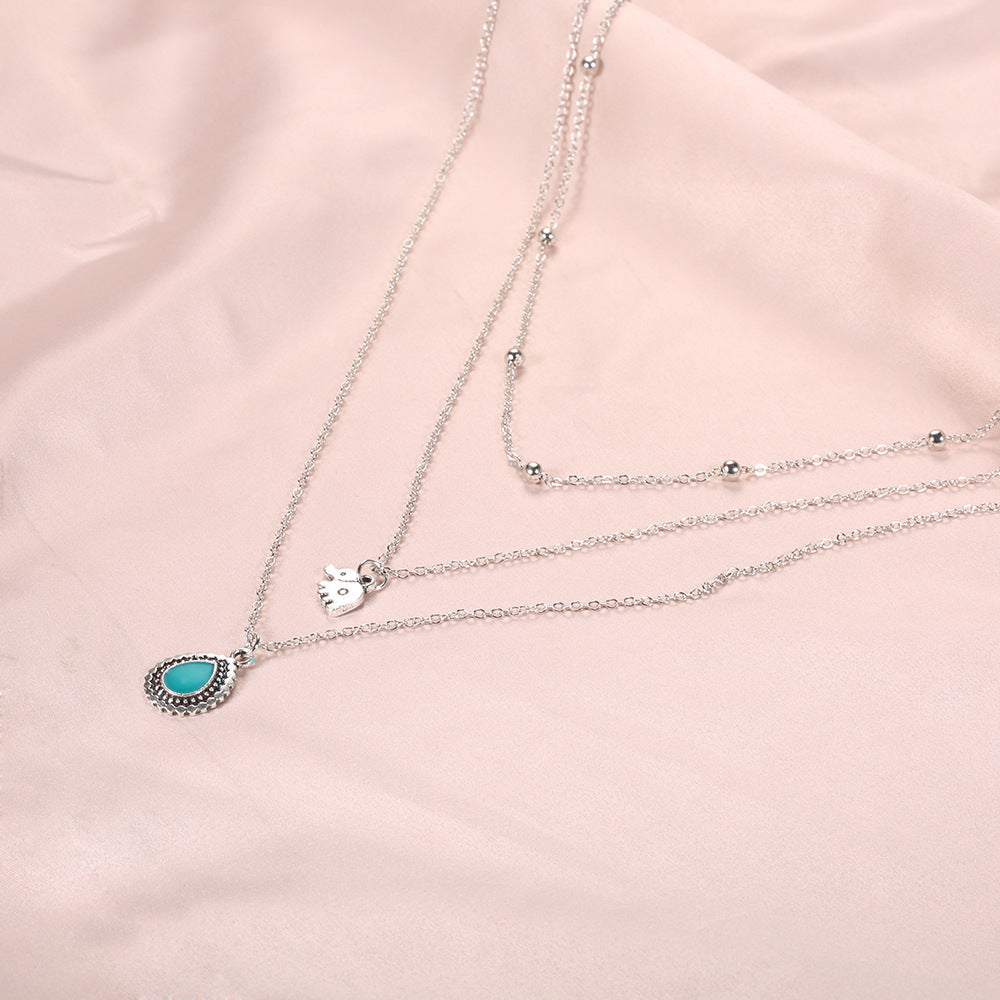 European And American Turquoise Elephant Beaded Multi-layer Necklace