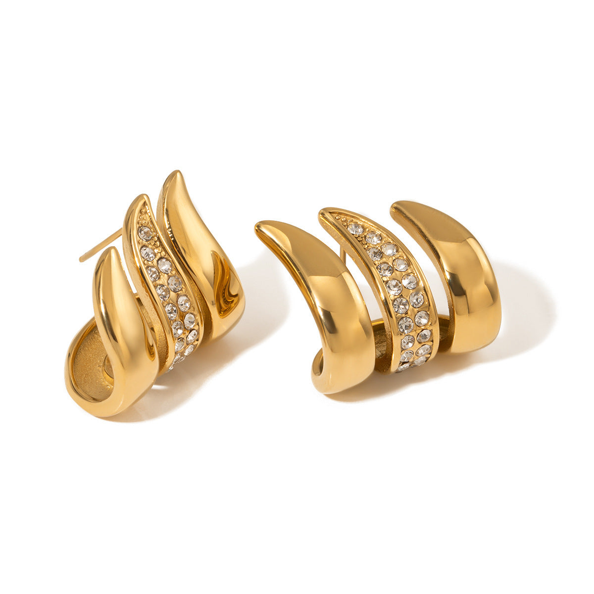 Niche High-grade Stainless Steel Rhinestone Feather Earrings