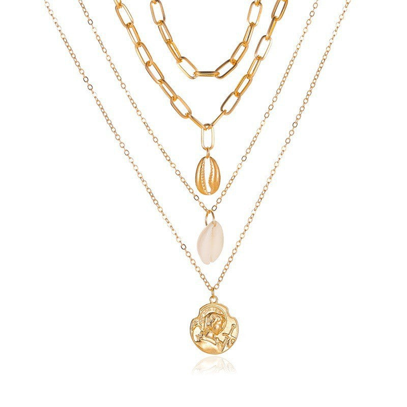 Women's All-match Simple Shell Pendant Hollow Portrait Multi-layer Necklace