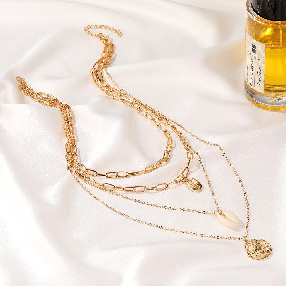 Women's All-match Simple Shell Pendant Hollow Portrait Multi-layer Necklace
