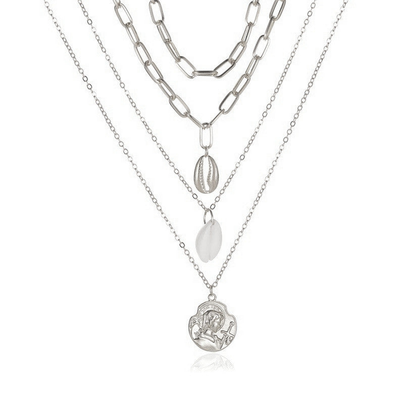 Women's All-match Simple Shell Pendant Hollow Portrait Multi-layer Necklace