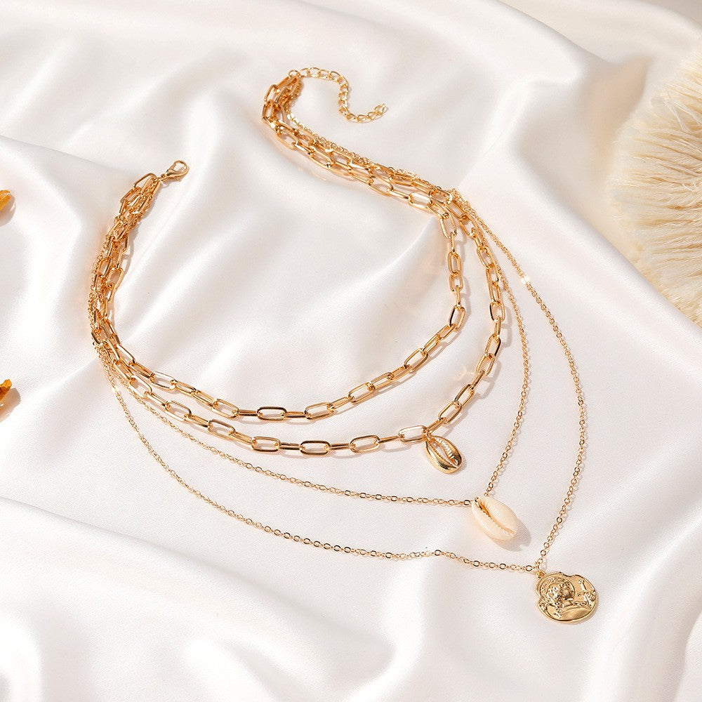 Women's All-match Simple Shell Pendant Hollow Portrait Multi-layer Necklace