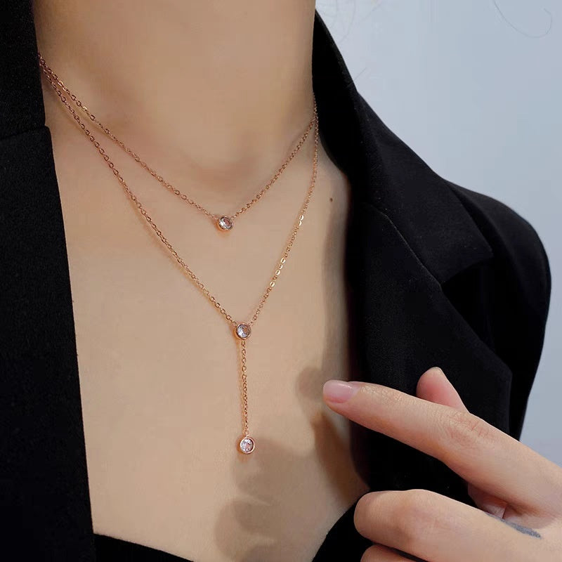 Single Diamond Zircon Tassel Titanium Steel Necklace For Women