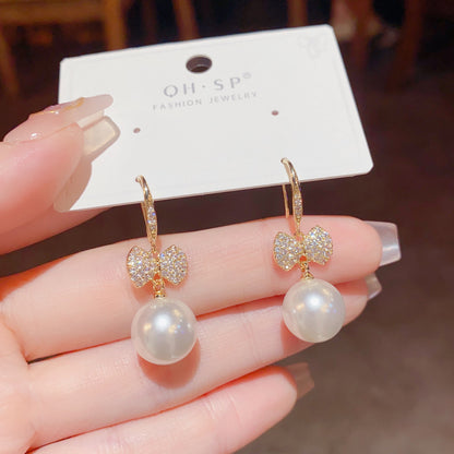Japanese And Korean Exquisite Fashion Shining Micro Inlaid Zircon Bow Pearl Ear Hook