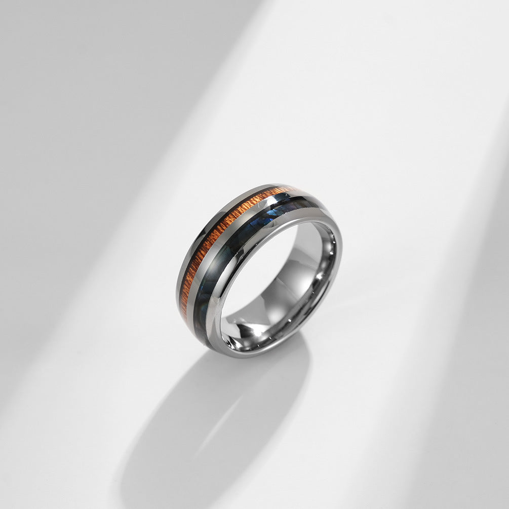European And American Style Arc Tungsten Steel Inlaid Wood Leather Ring