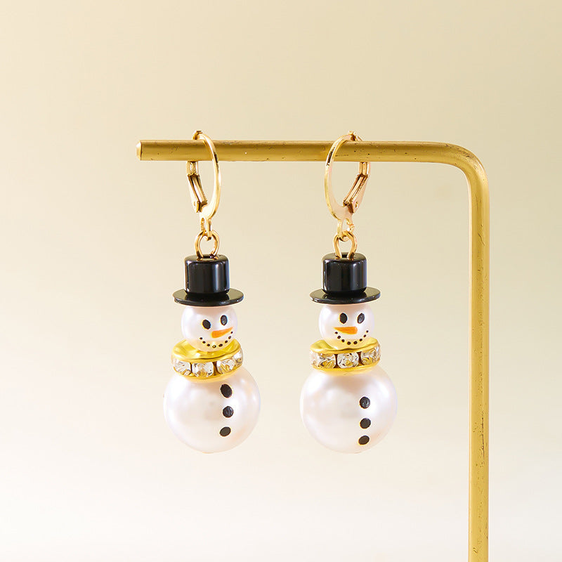 Christmas Cross-border Diamond Snowflake Pearl Hat Snowman Earrings