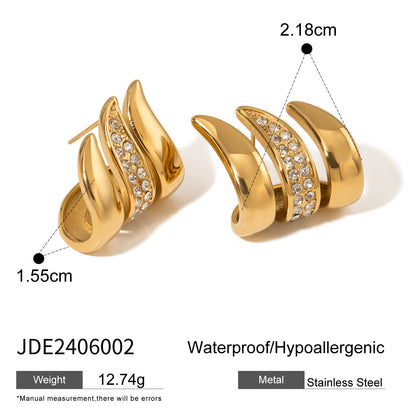 Niche High-grade Stainless Steel Rhinestone Feather Earrings
