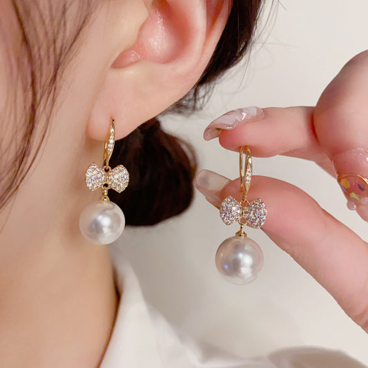 Japanese And Korean Exquisite Fashion Shining Micro Inlaid Zircon Bow Pearl Ear Hook
