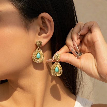 Drop-shaped Micro-inlaid Turquoise Pleated Ear Studs