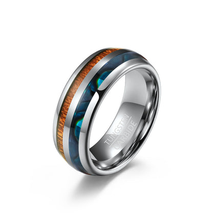 European And American Style Arc Tungsten Steel Inlaid Wood Leather Ring