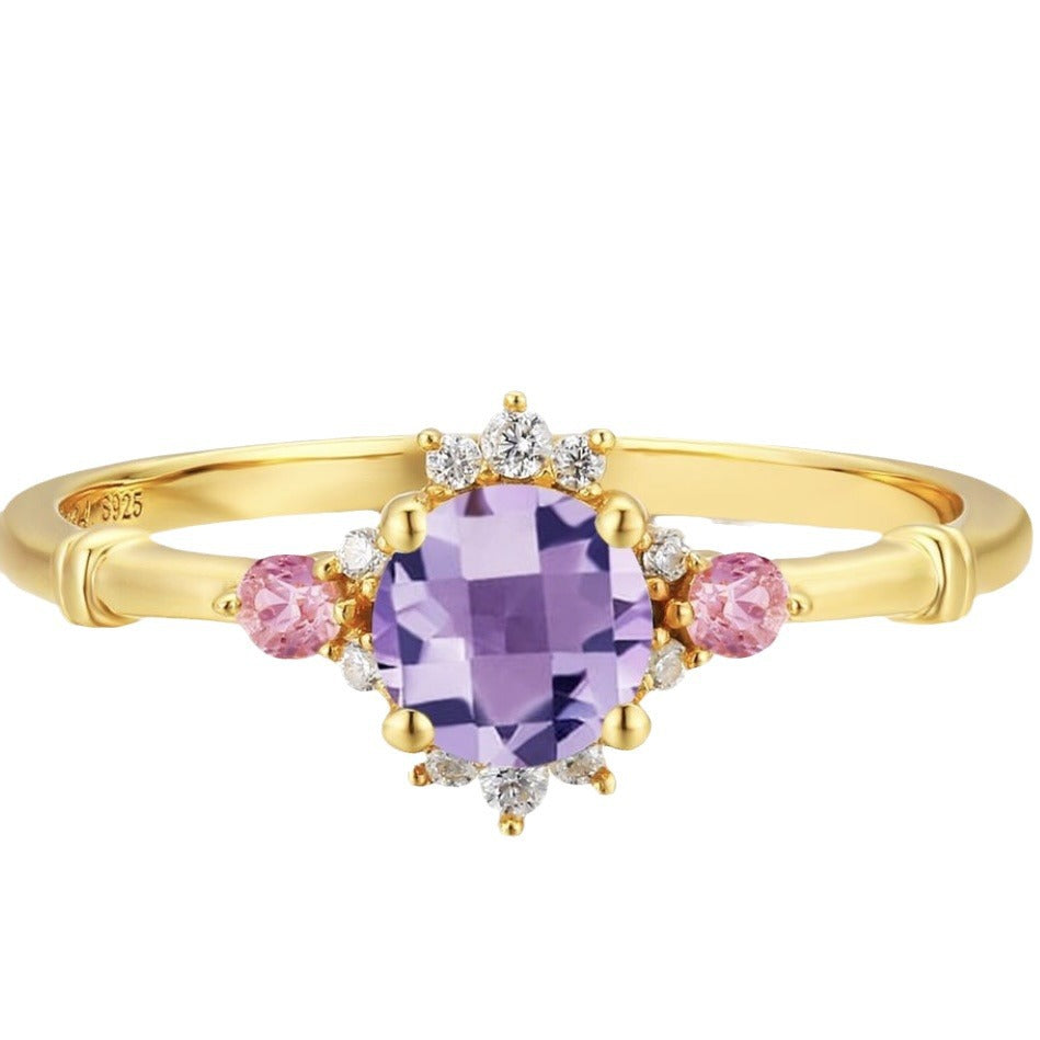 Beautiful Vintage Flowers Curtain-like Yarn Amethyst Ring Set