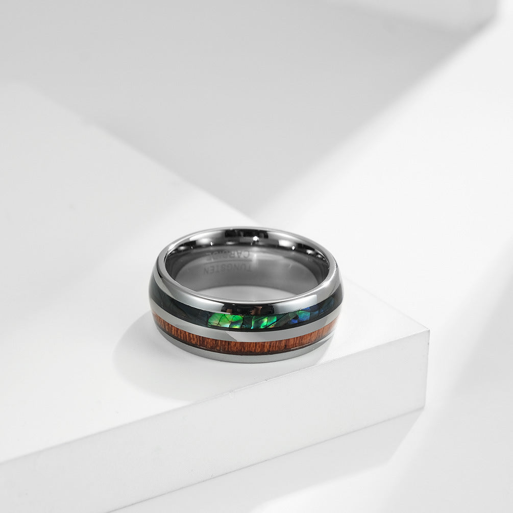 European And American Style Arc Tungsten Steel Inlaid Wood Leather Ring