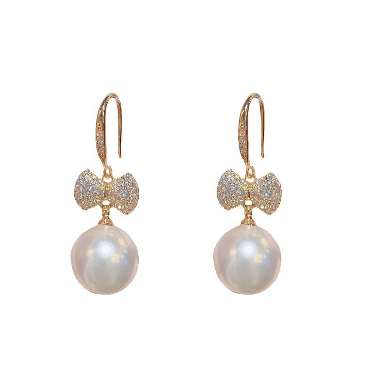 Japanese And Korean Exquisite Fashion Shining Micro Inlaid Zircon Bow Pearl Ear Hook