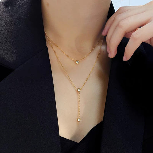 Single Diamond Zircon Tassel Titanium Steel Necklace For Women