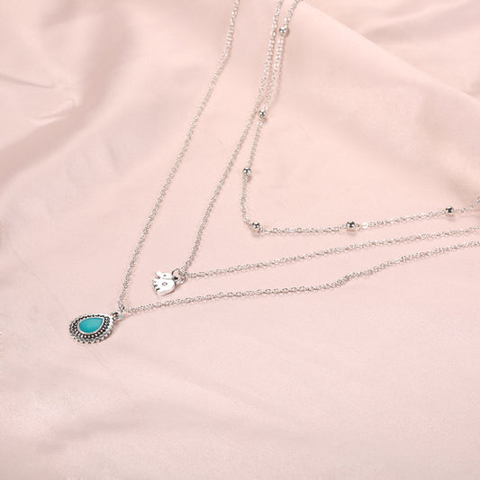 European And American Turquoise Elephant Beaded Multi-layer Necklace