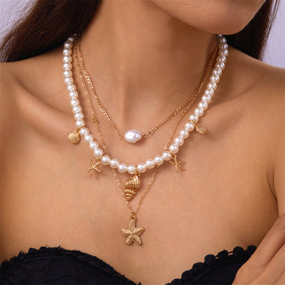 Summer Retro Vacation Style Beach Shell Artificial Pearl Conch Multi-layer Women's Necklace
