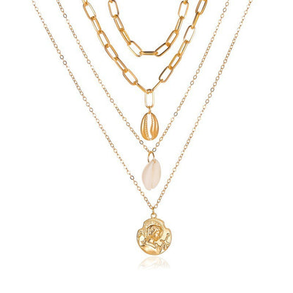 Women's All-match Simple Shell Pendant Hollow Portrait Multi-layer Necklace