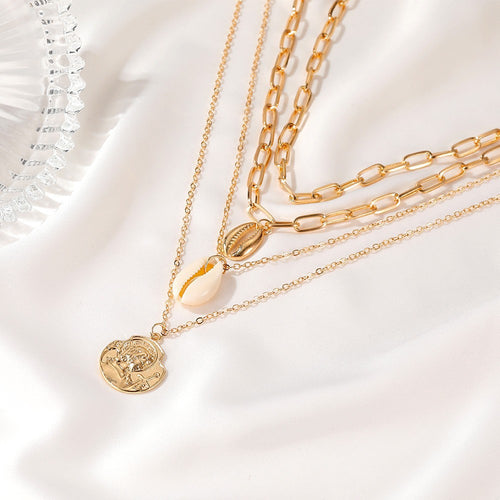 Women's All-match Simple Shell Pendant Hollow Portrait Multi-layer Necklace