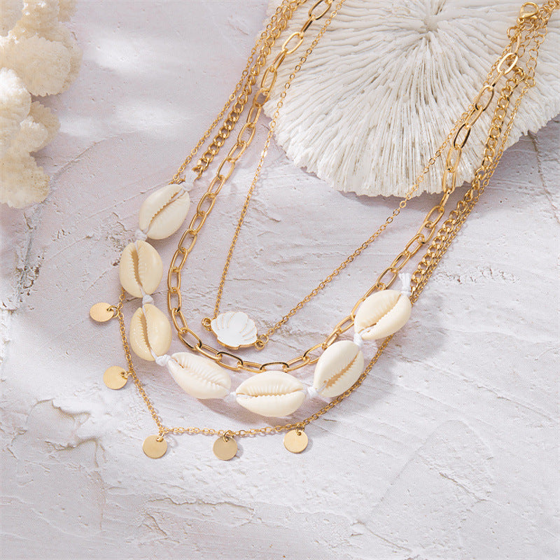 Summer Retro Vacation Style Beach Shell Artificial Pearl Conch Multi-layer Women's Necklace