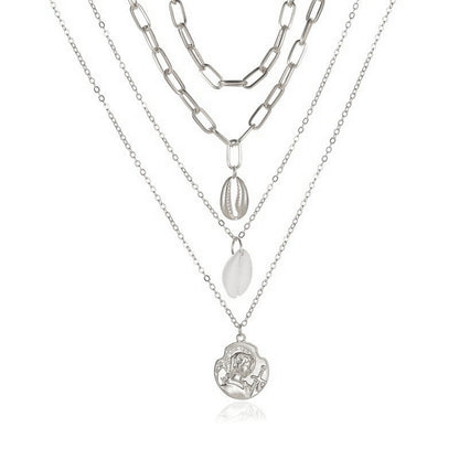 Women's All-match Simple Shell Pendant Hollow Portrait Multi-layer Necklace