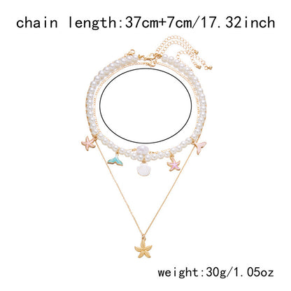 Summer Retro Vacation Style Beach Shell Artificial Pearl Conch Multi-layer Women's Necklace