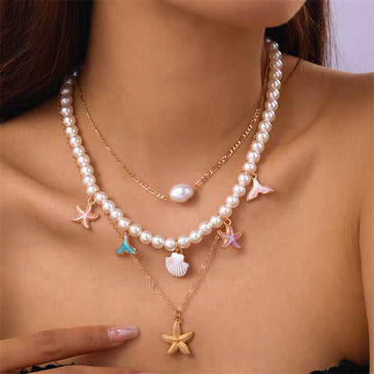 Summer Retro Vacation Style Beach Shell Artificial Pearl Conch Multi-layer Women's Necklace