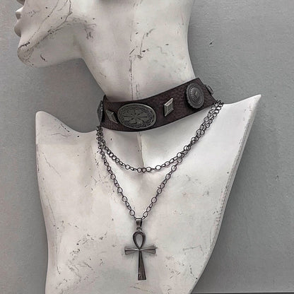 Brown Leather Retro Double Layer Cross Roman Rivet Punk All-match Necklace