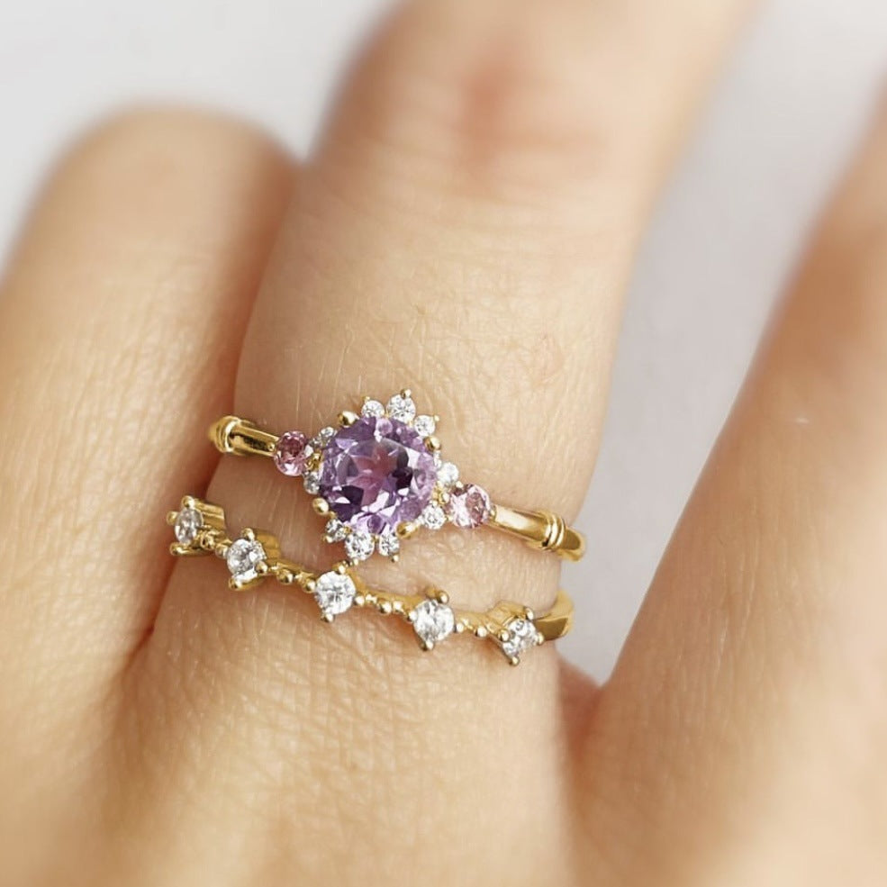 Beautiful Vintage Flowers Curtain-like Yarn Amethyst Ring Set