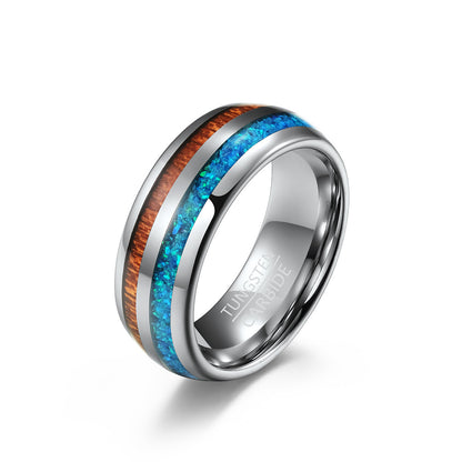 European And American Style Arc Tungsten Steel Inlaid Wood Leather Ring