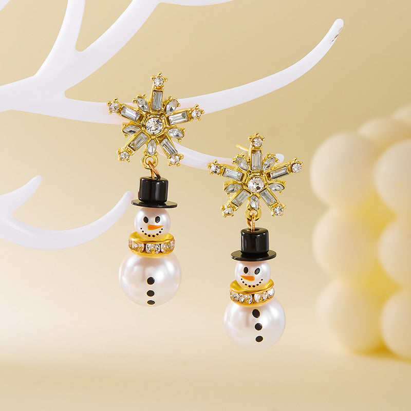 Christmas Cross-border Diamond Snowflake Pearl Hat Snowman Earrings