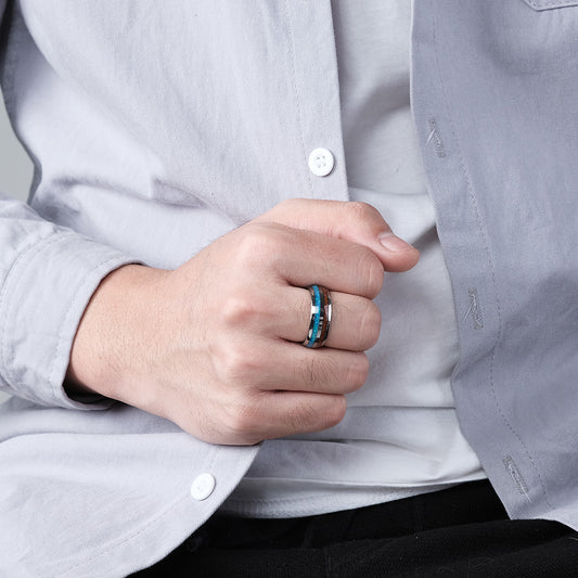 European And American Style Arc Tungsten Steel Inlaid Wood Leather Ring