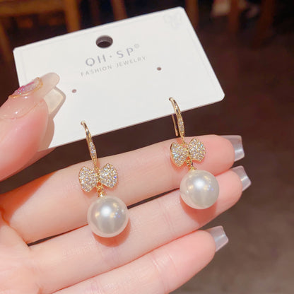 Japanese And Korean Exquisite Fashion Shining Micro Inlaid Zircon Bow Pearl Ear Hook
