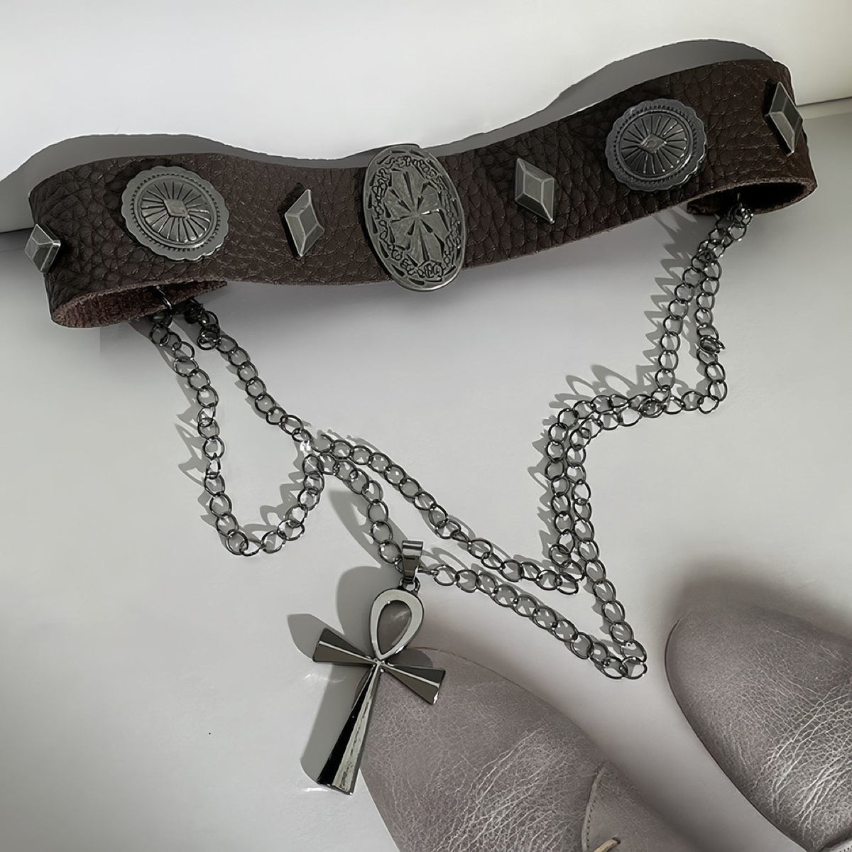 Brown Leather Retro Double Layer Cross Roman Rivet Punk All-match Necklace