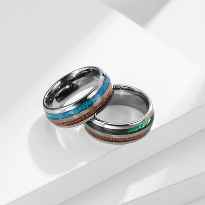 European And American Style Arc Tungsten Steel Inlaid Wood Leather Ring