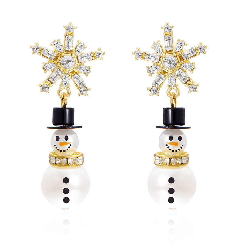 Christmas Cross-border Diamond Snowflake Pearl Hat Snowman Earrings