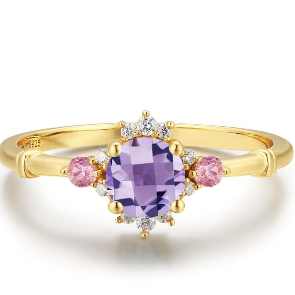 Beautiful Vintage Flowers Curtain-like Yarn Amethyst Ring Set