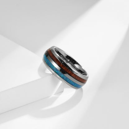 European And American Style Arc Tungsten Steel Inlaid Wood Leather Ring